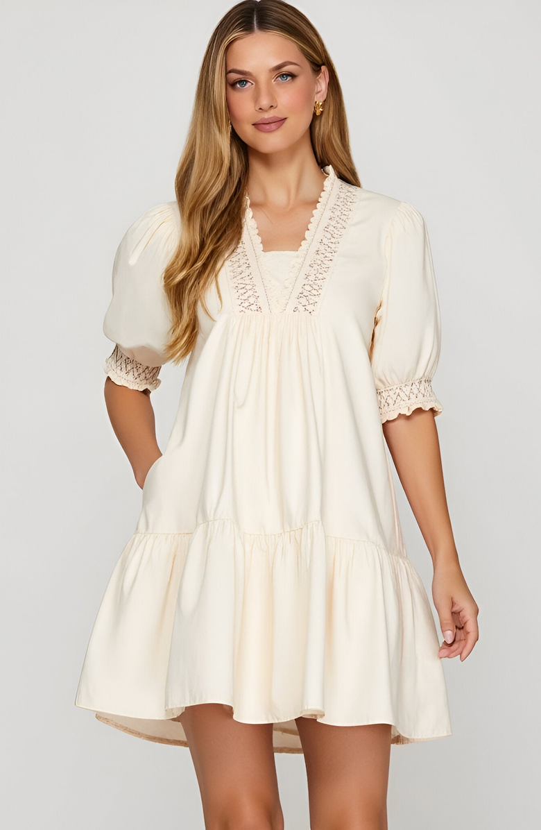Modenaire Smocked Sleeve Mini Dress with Embroidered Neckline and Tiered Hem, Alternate, color, Ivory