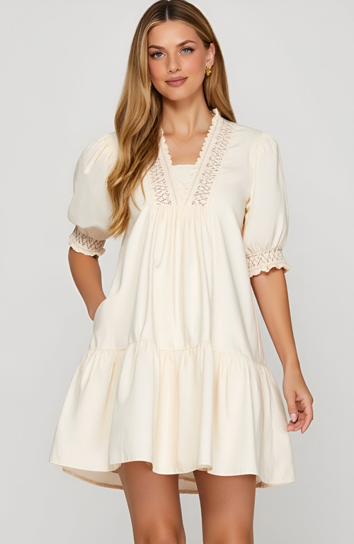 Modenaire Smocked Sleeve Mini Dress With Embroidered Neckline And Tiered Hem In White