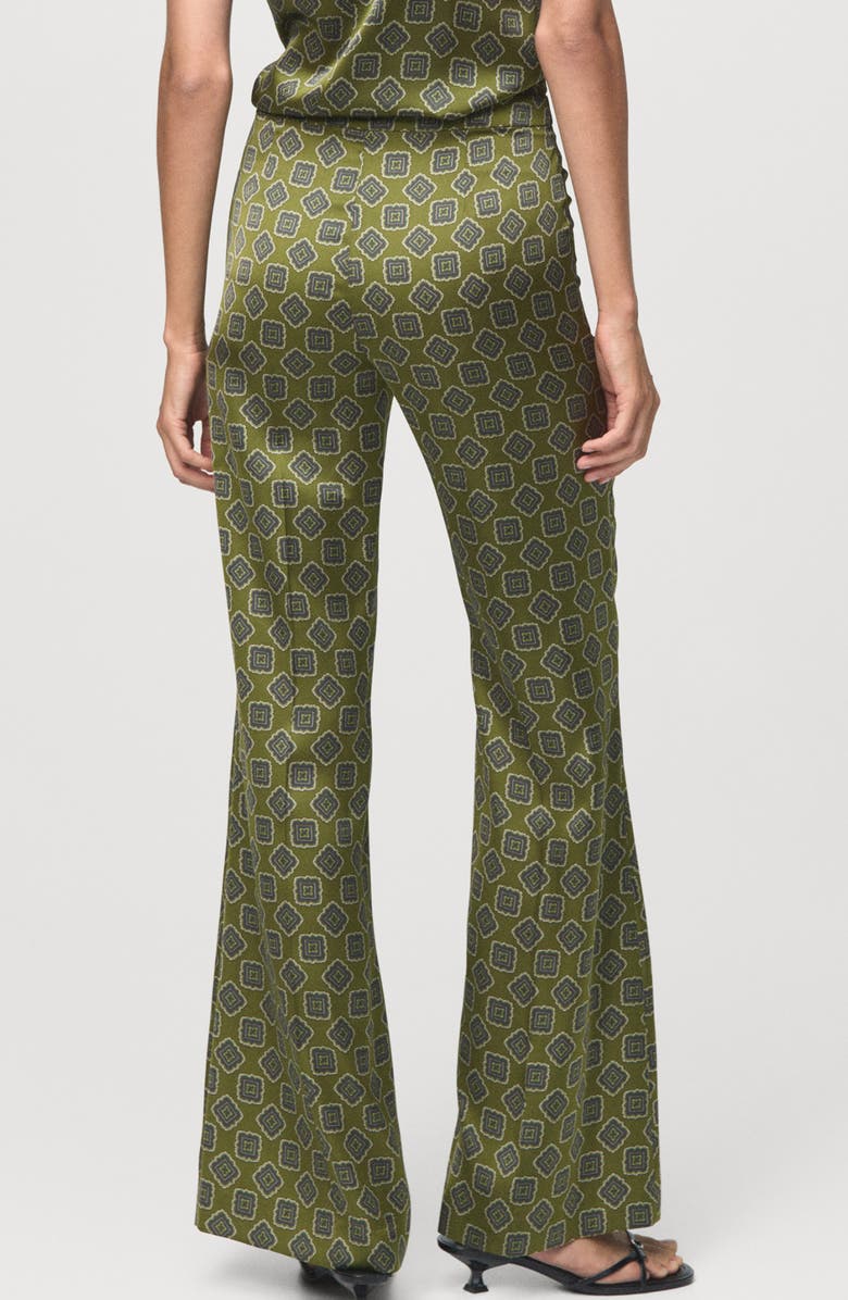 MANGO Geo Print Flare Satin Pants, Alternate, color, Green