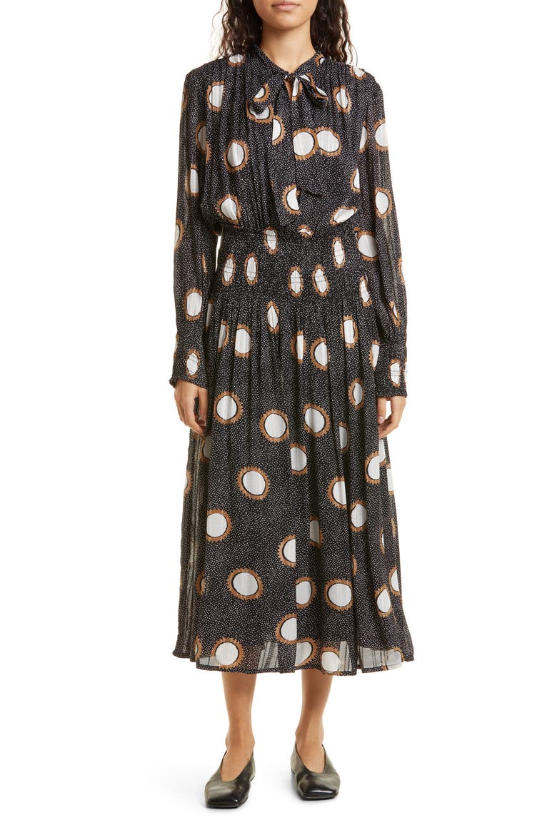 Nomina Smocked Waist Long Sleeve Midi Dress, Main, color, RUBBER
