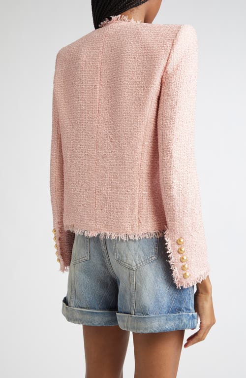 Balmain Glitter Embellished Silk Tweed Spencer Jacket In Pink