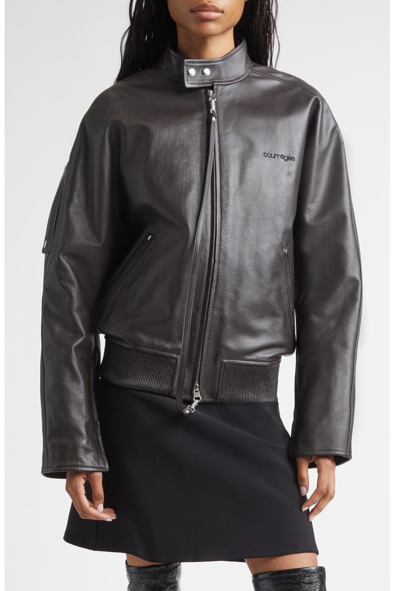 Embroidered Leather Bomber Jacket, Main, color, DARK BROWN