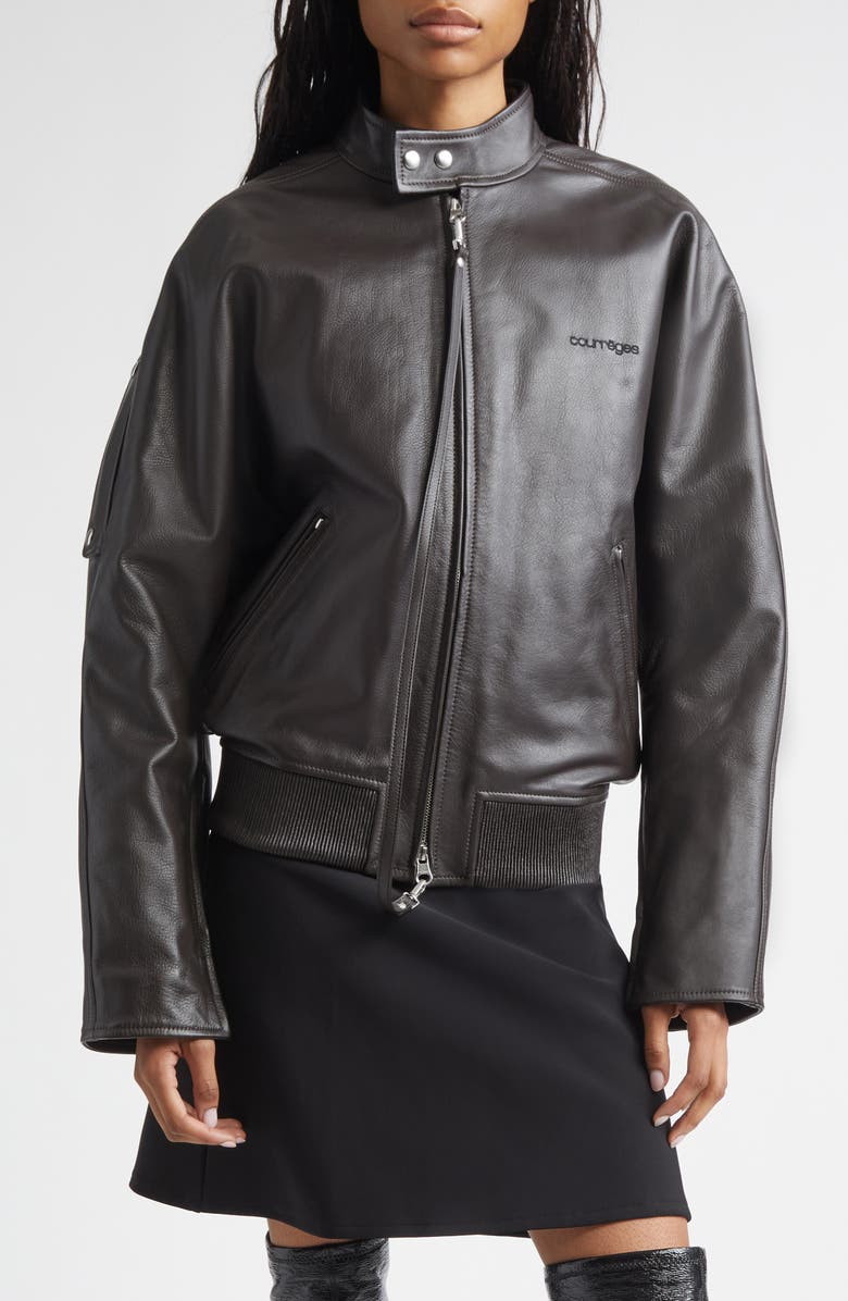 Courrèges Embroidered Leather Bomber Jacket, Main, color, Dark Brown