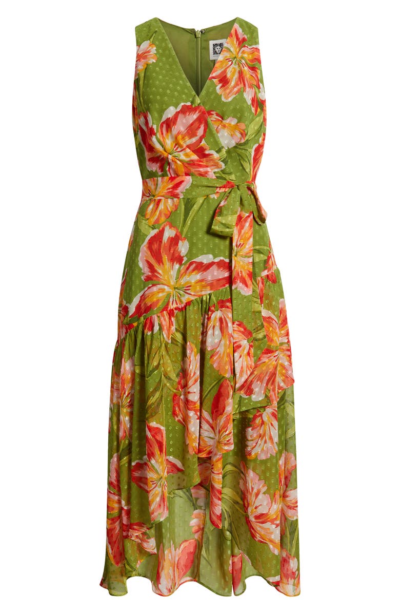 Anne Klein Floral Clip Dot High-Low Faux Wrap Dress, Alternate, color, Leafy Green Multi