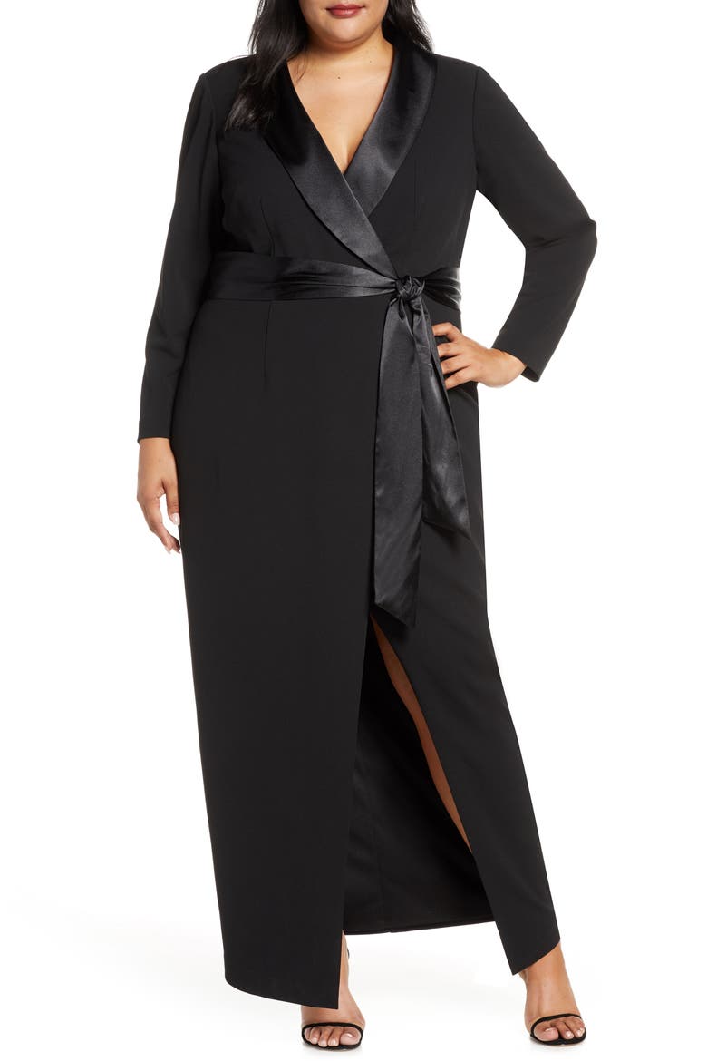 Tuxedo Faux Wrap Long Sleeve Gown, Main, color, BLACK
