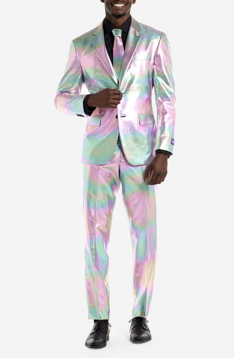OppoSuits Proper Pearly Slim Fit Two-Piece Suit & Tie Set, Main, color, Silver Multi