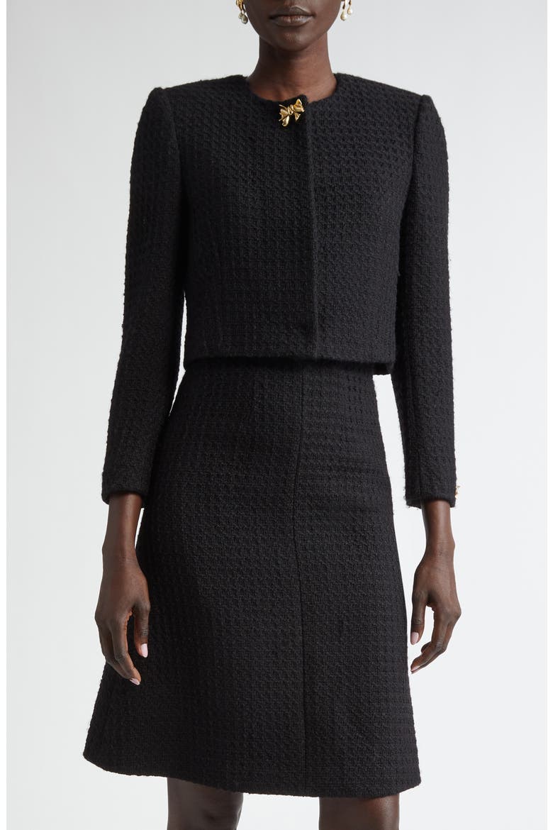 Bow Detail Wool Tweed Crop Jacket, Main, color, BLACK