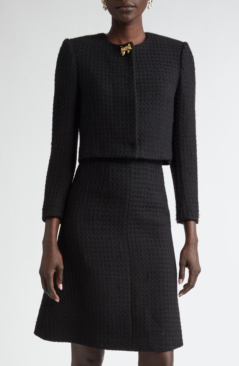 Oscar de la Renta Bow Detail Wool Tweed Crop Jacket, Main, color, Black