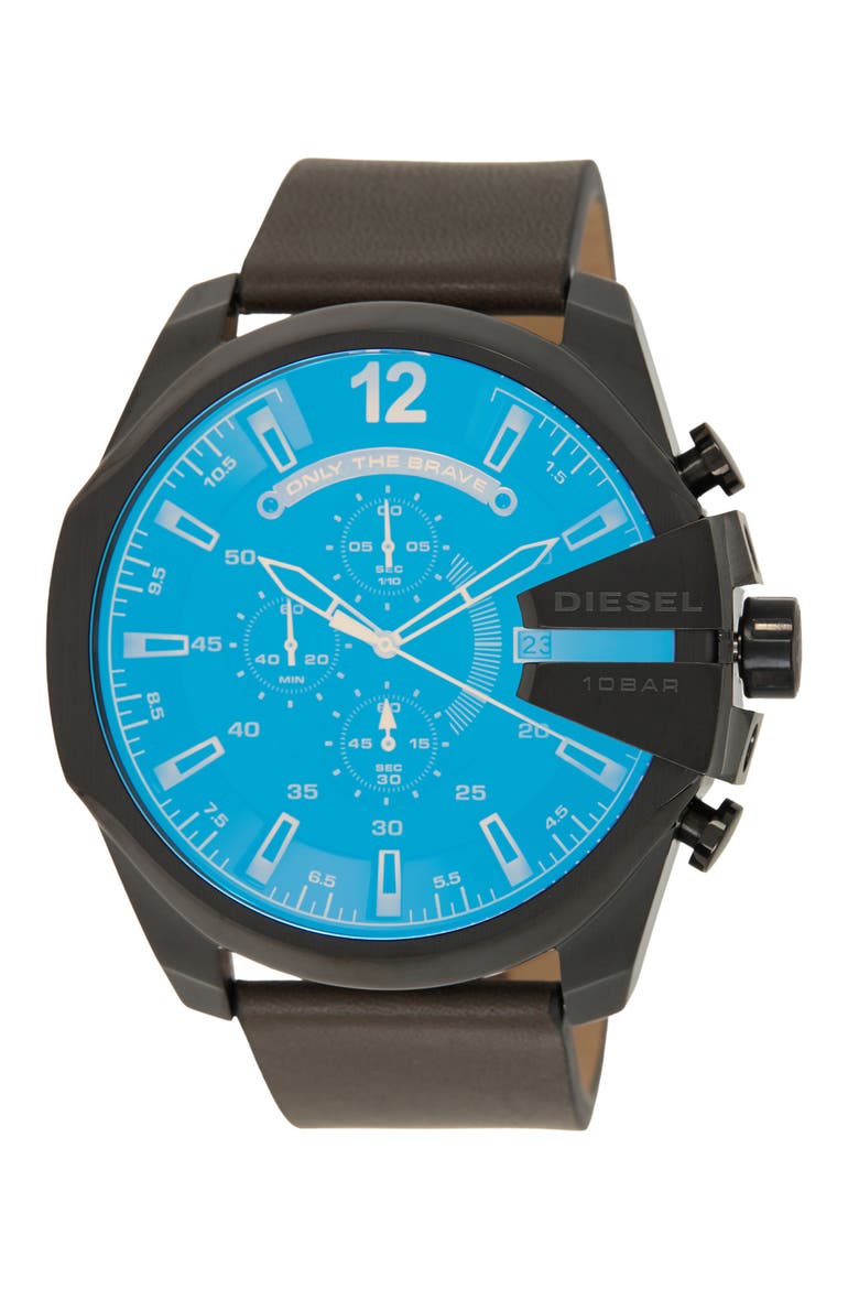 DIESEL Men's Mega Chief Leather Strap Chronograph Watch, 45mm, Main, color, BLACK