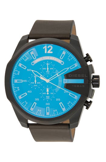 Diesel Mega Chief Leather Strap Chronograph Watch, 45mm In Black