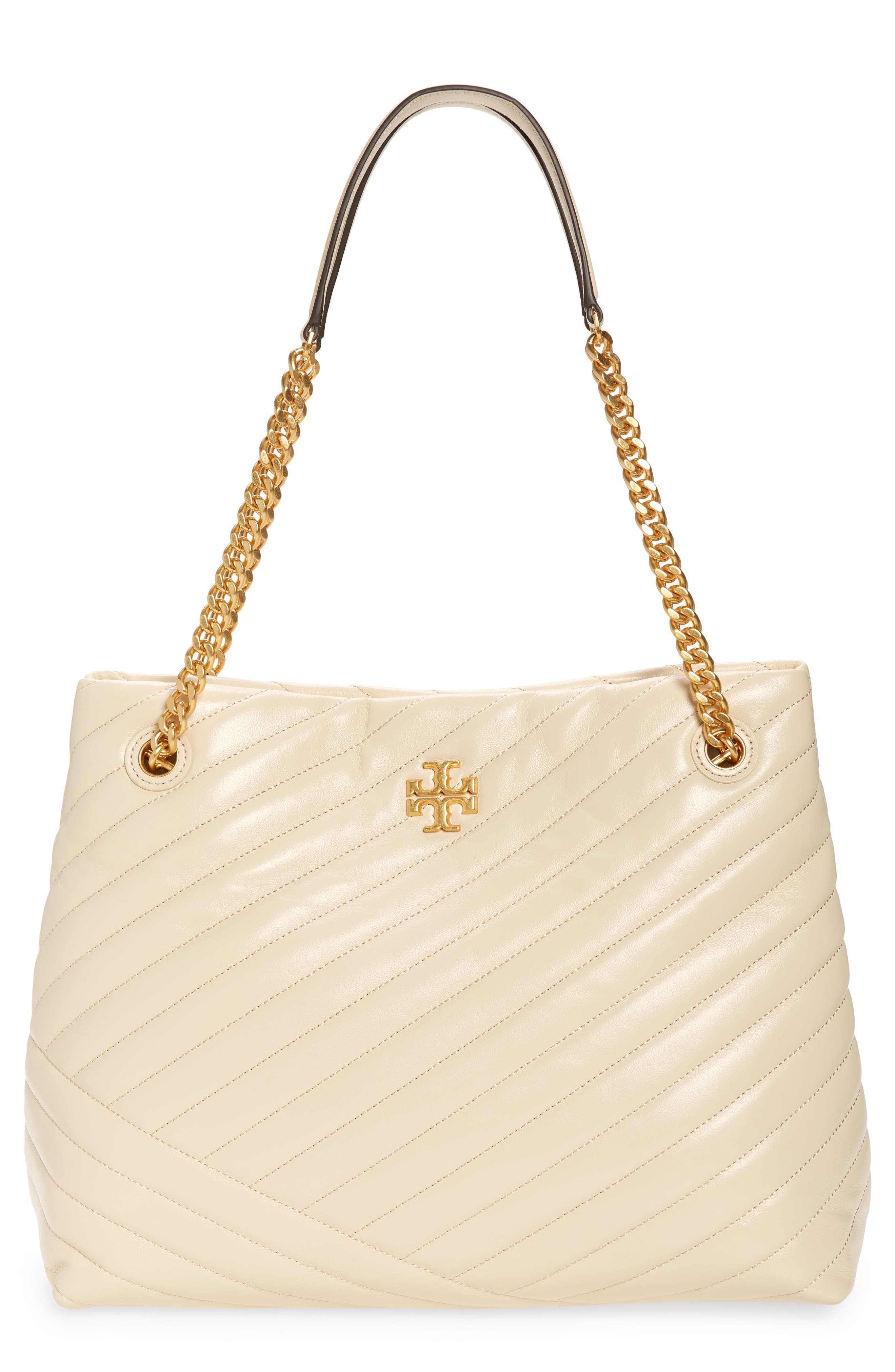 Kira Chevron Quilted Leather Tote, Main, color, NEW CREAM /59 ROLLED BRASS
