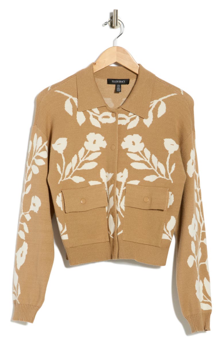 Ellen Tracy Floral Snap Front Crop Cardigan, Alternate, color, Camel/ Marshmallow Flower