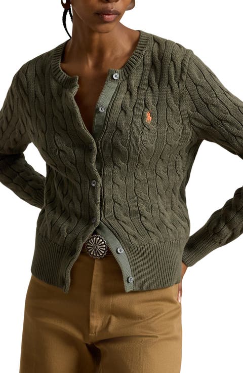 Cable Knit Cotton Crewneck Cardigan