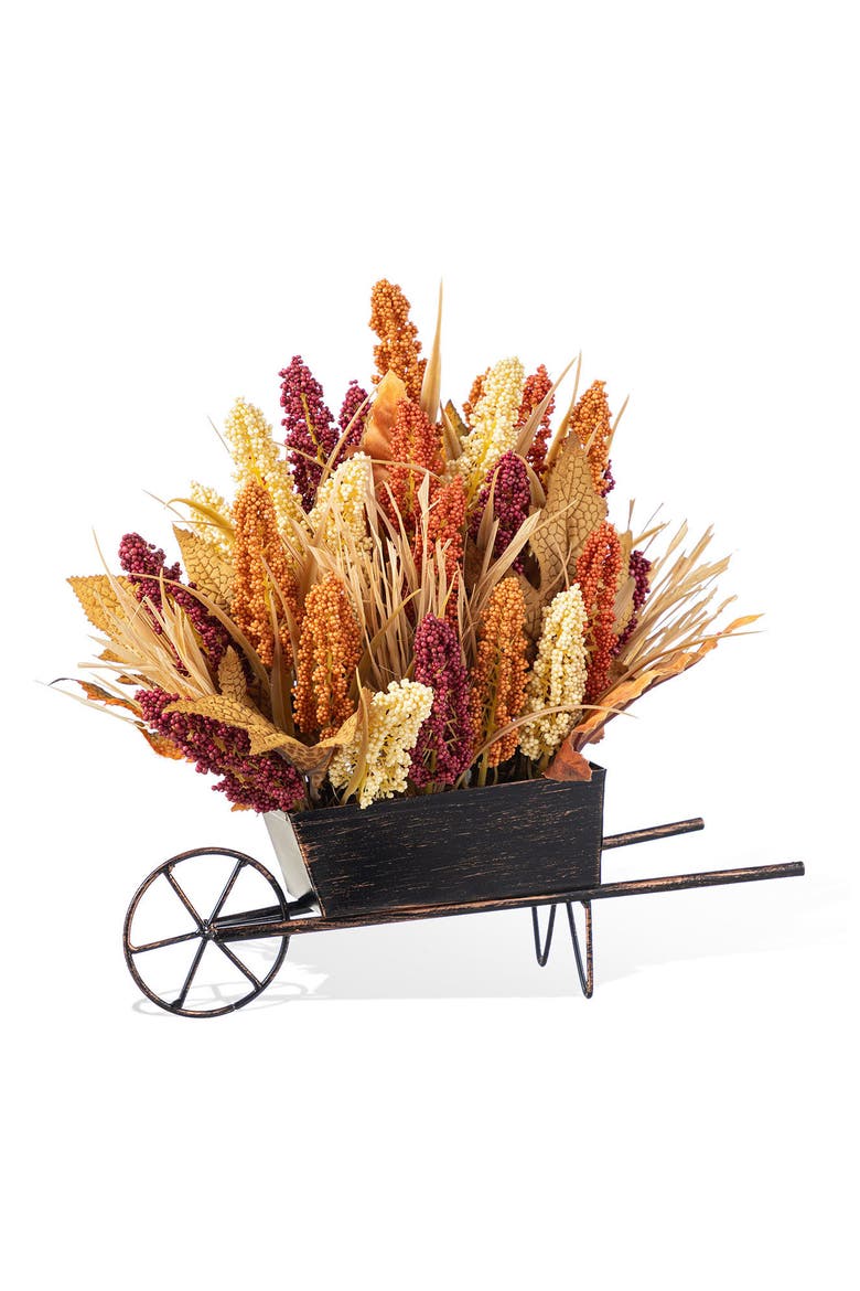 15"H Fall Multi-Colored Sorghum Cart Centerpiece, Main, color, Orange