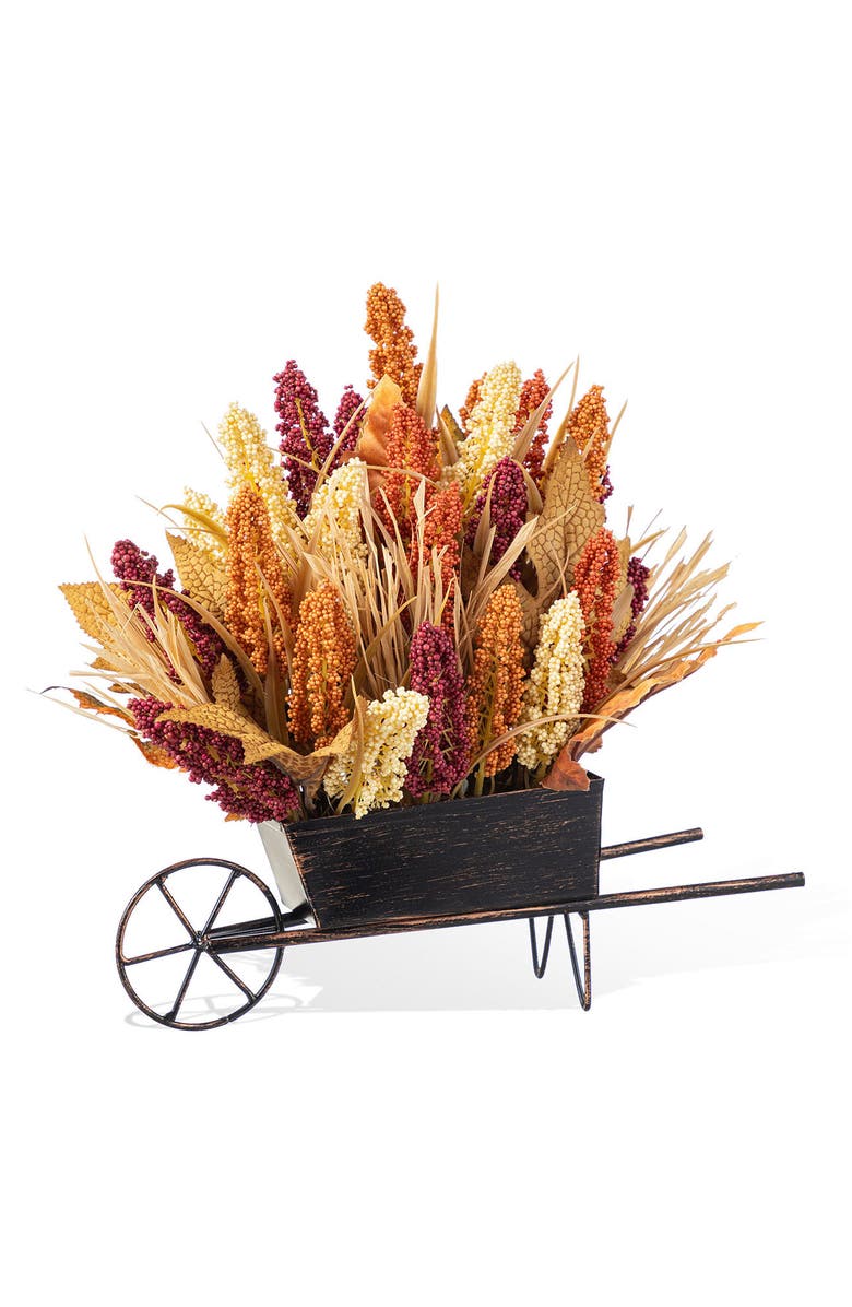 Glitzhome 15"H Fall Multi-Colored Sorghum Cart Centerpiece, Main, color, Orange