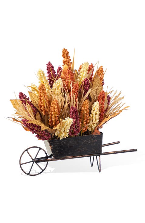15"H Fall Multi-Colored Sorghum Cart Centerpiece