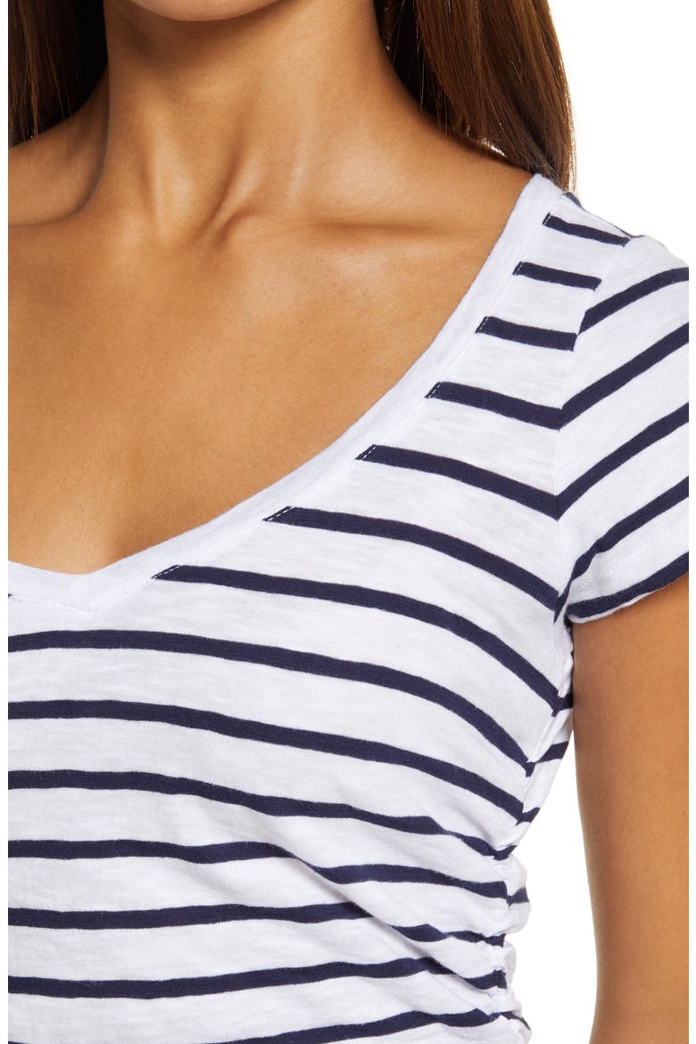 Shirred V-Neck Tee, Alternate, color, WHITE- NAVY STRIPE