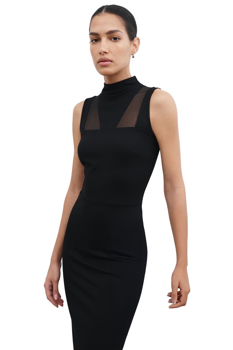 Amelia Ponte & Mesh Funnel Neck Midi Dress, Alternate, color, BLACK