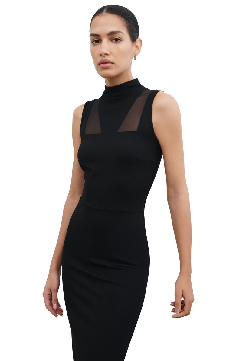 Marcella Amelia Ponte & Mesh Funnel Neck Midi Dress, Alternate, color, Black