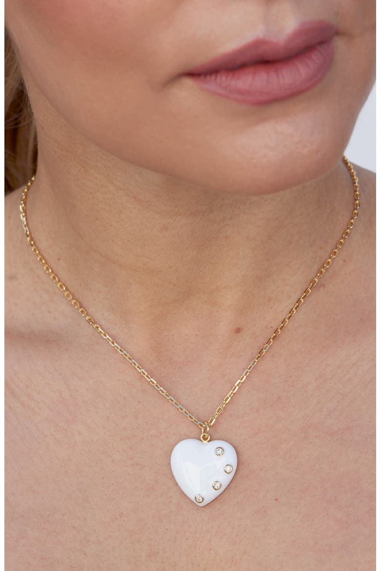 Cubic Zirconia & Enamel Heart Pendant Necklace, Alternate, color, YELLOW GOLD/ WHITE