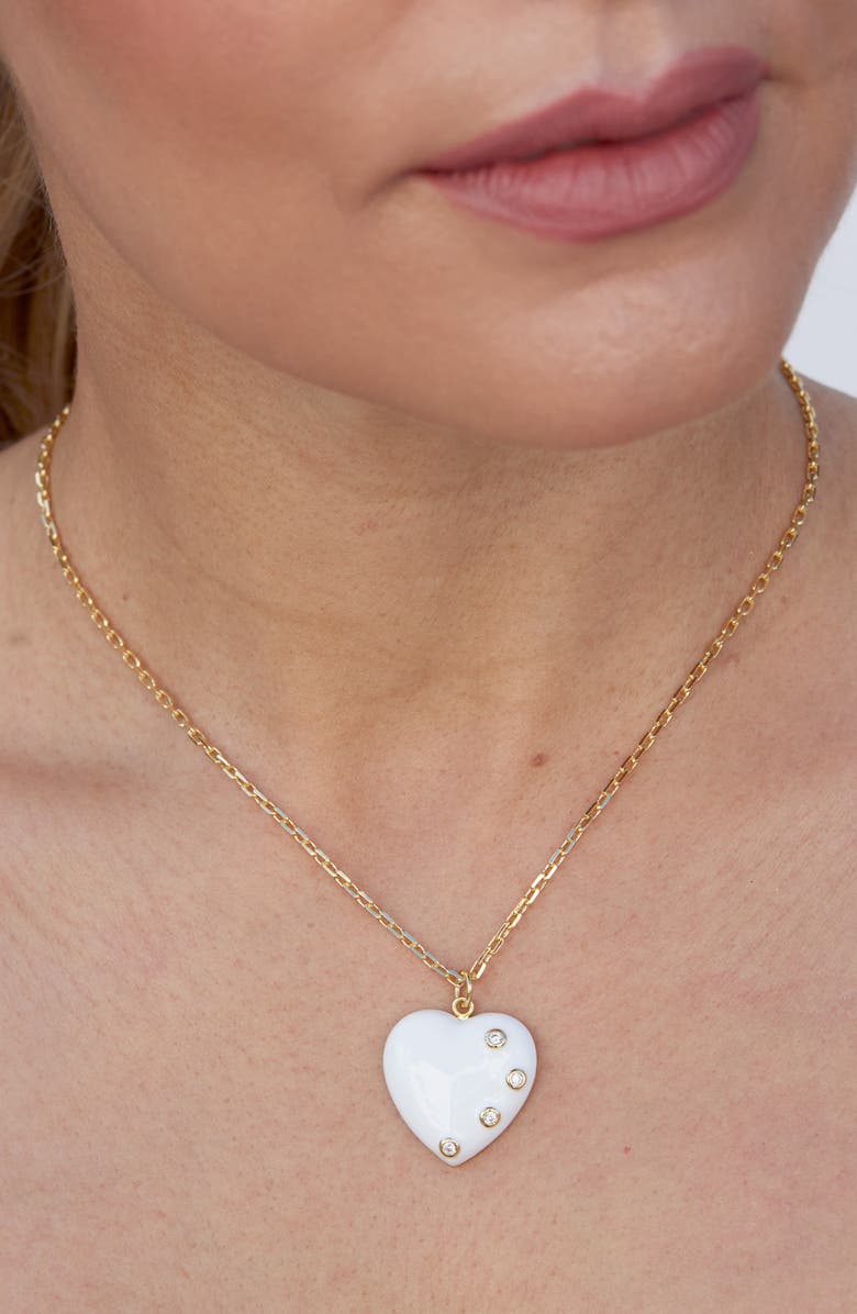 SAVVY CIE JEWELS Cubic Zirconia & Enamel Heart Pendant Necklace, Alternate, color, Yellow Gold/ White