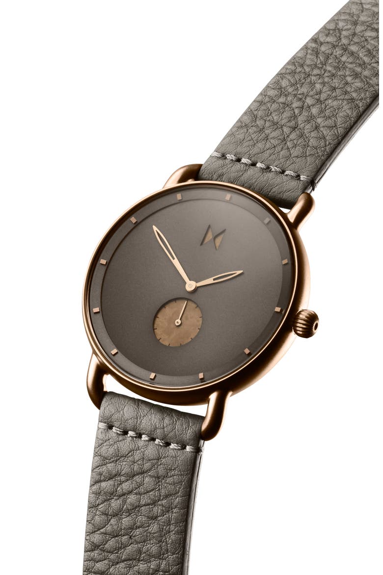 MVMT Revolver Leather Strap Watch, 41mm, Alternate, color, GREY/ BLACK/ ROSE GOLD