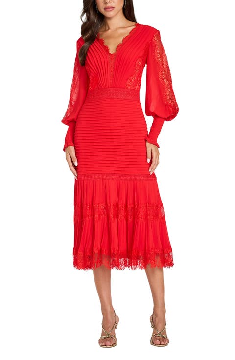Lace Pintuck Long Sleeve Cocktail Dress