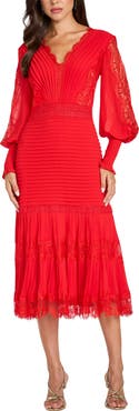 Tadashi Shoji Lace Pintuck Long Sleeve Cocktail Dress