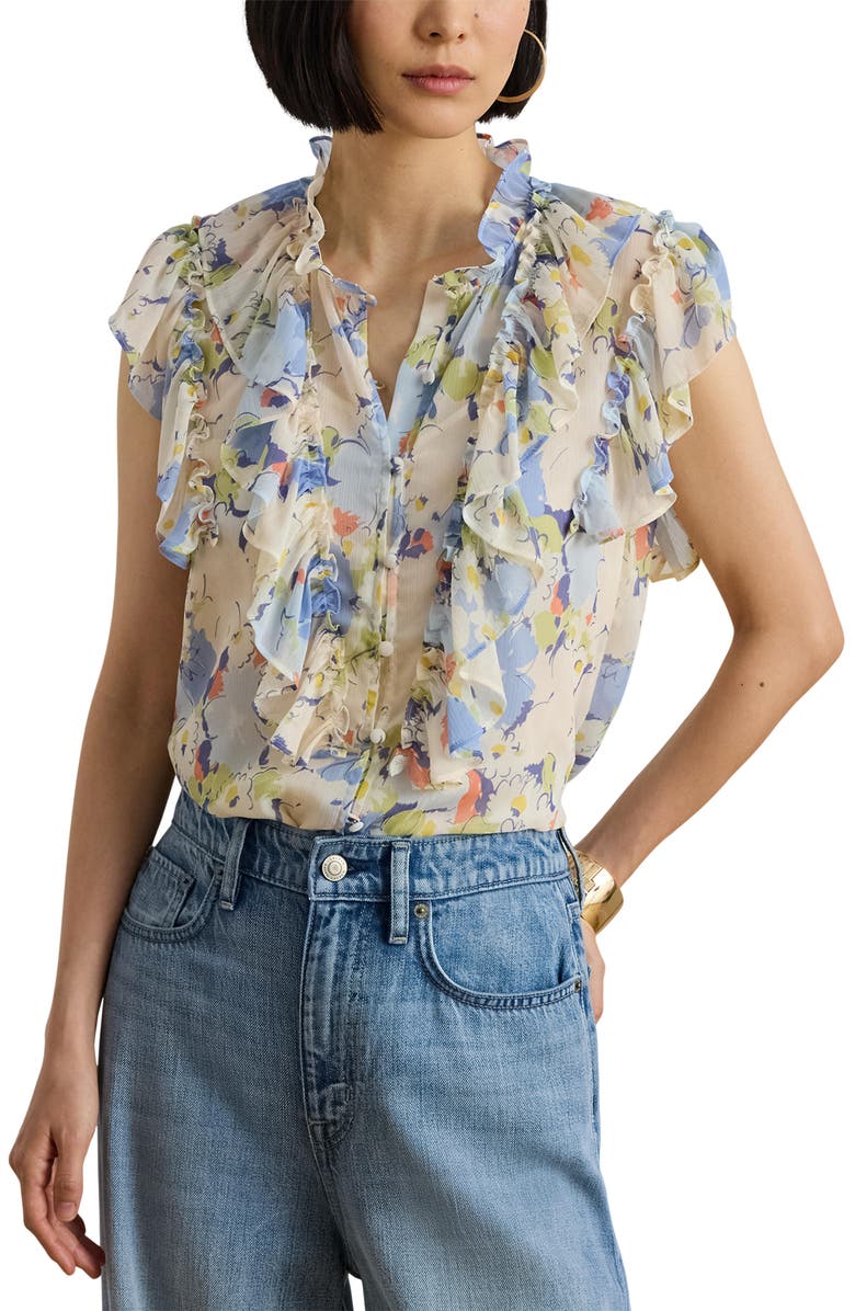 Lauren Ralph Lauren Floral Print Ruffle Trim Button-Up Top, Main, color, Blue Multi