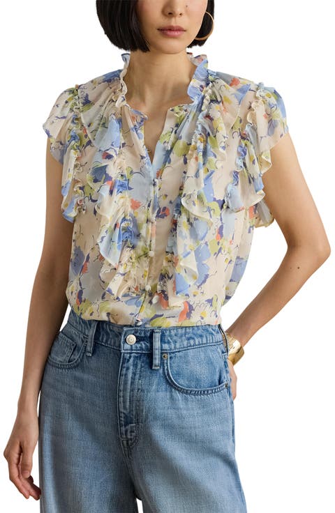 Floral Print Ruffle Trim Button-Up Top