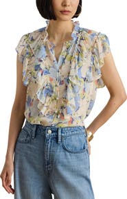Lauren Ralph Lauren Floral Print Ruffle Trim Button-Up Top