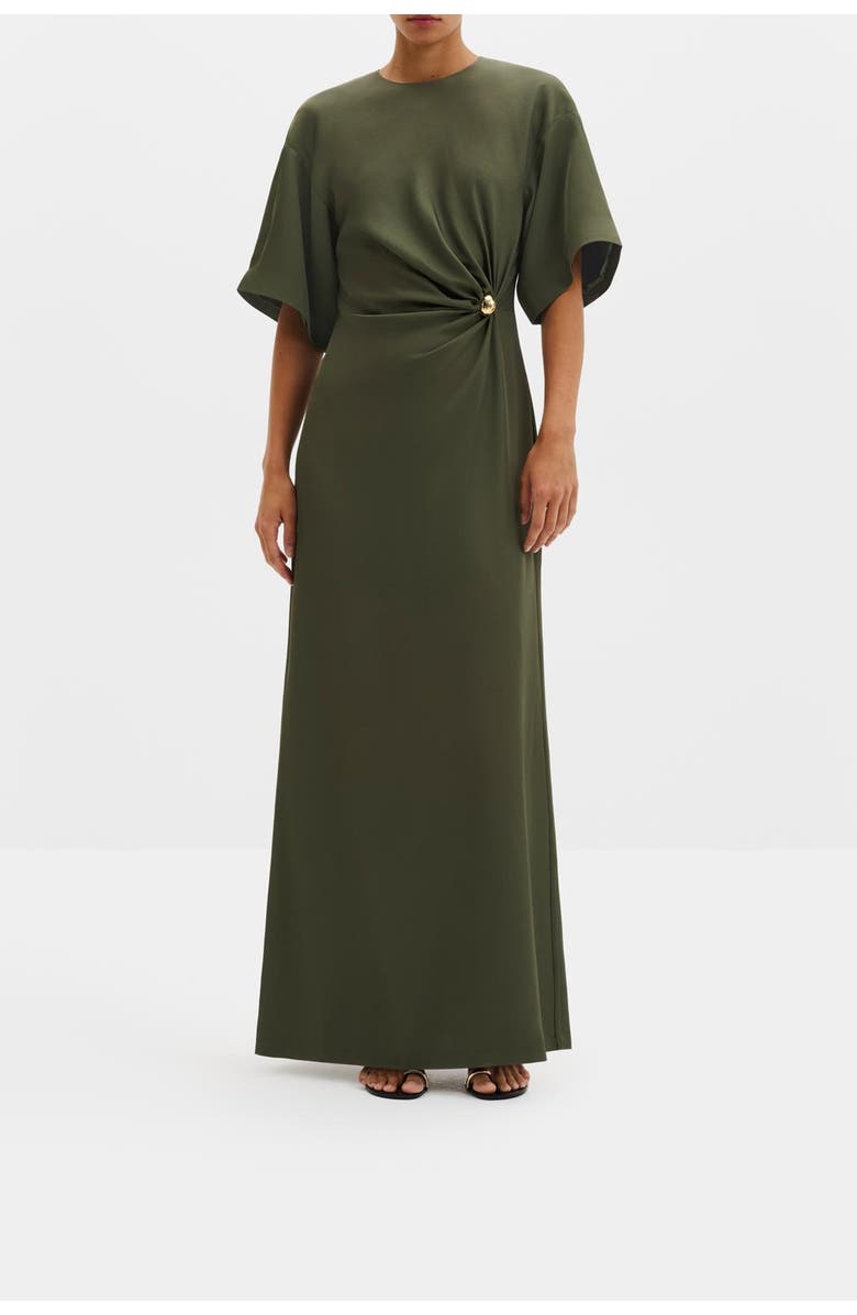 Malina Zilla Brooch Detailed Maxi Dress, Alternate, color, Dusty Olive