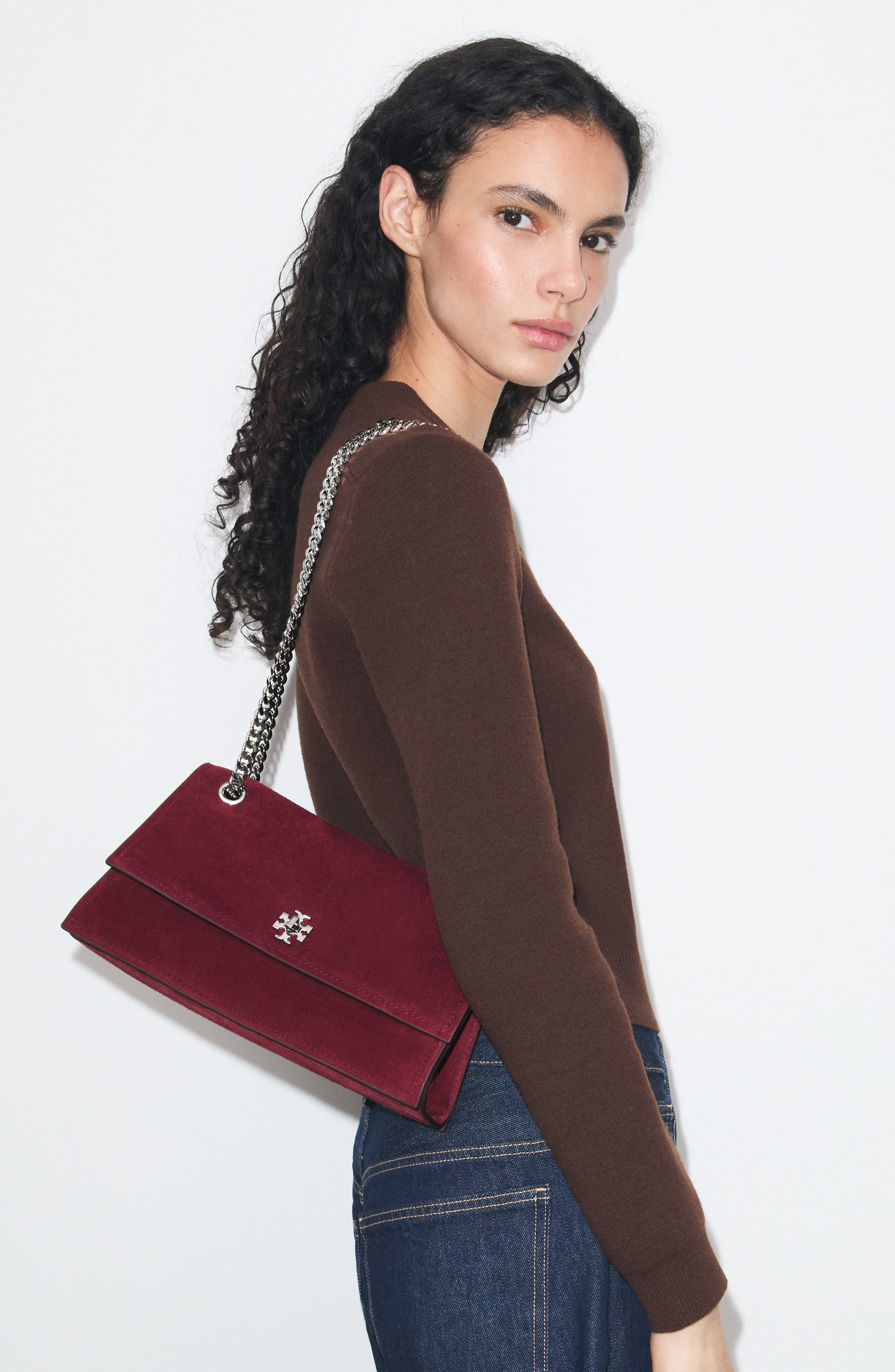 Kira Turnlock Suede Convertible Shoulder Bag, Alternate, color, MERLOT
