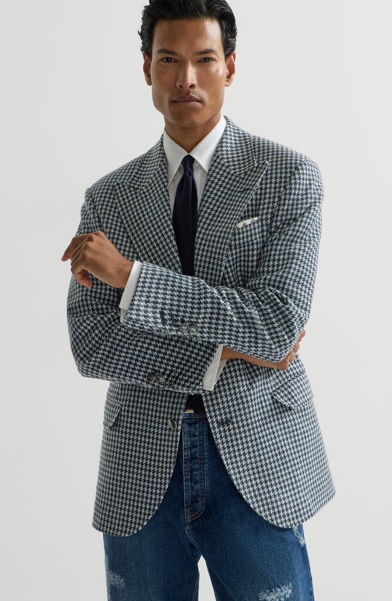 Brunello Cucinelli Cashmere macro houndstooth Tailor blazer with peak lapels and metal buttons, Alternate, color, Navy Blue