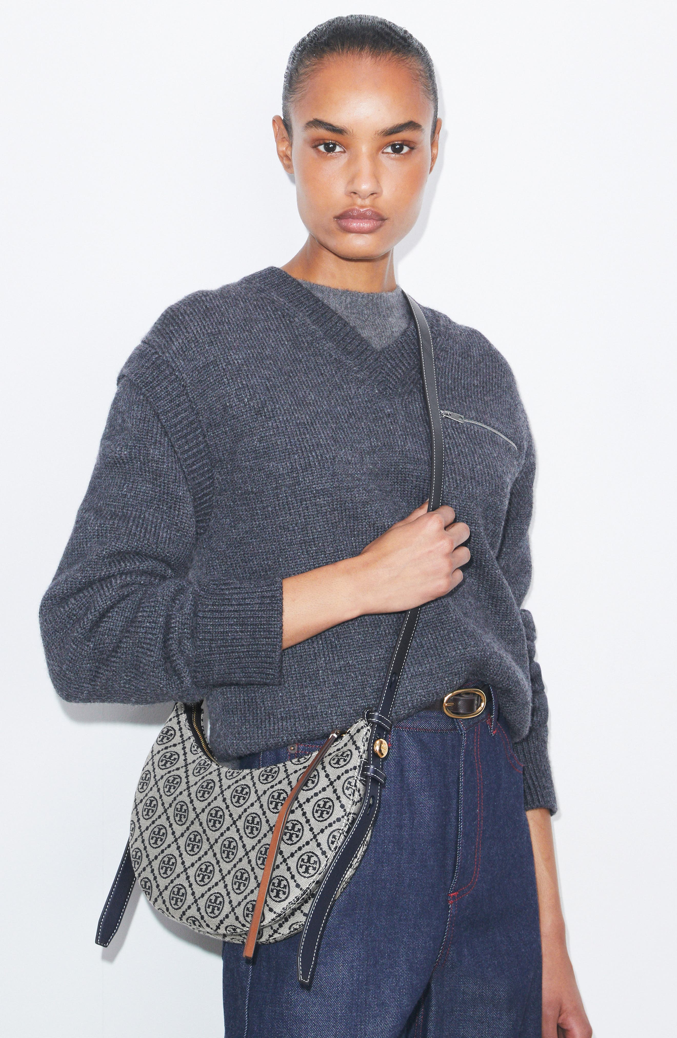 Tory Burch Romy T Monogram Half Moon Shoulder Bag, Alternate, color, Tory Navy