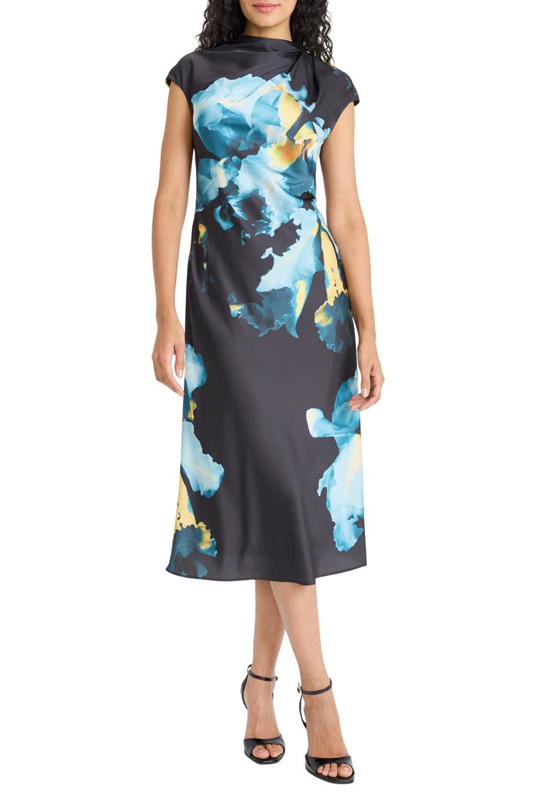 Print Satin Cocktail Dress, Main, color, BLACK/ TEAL