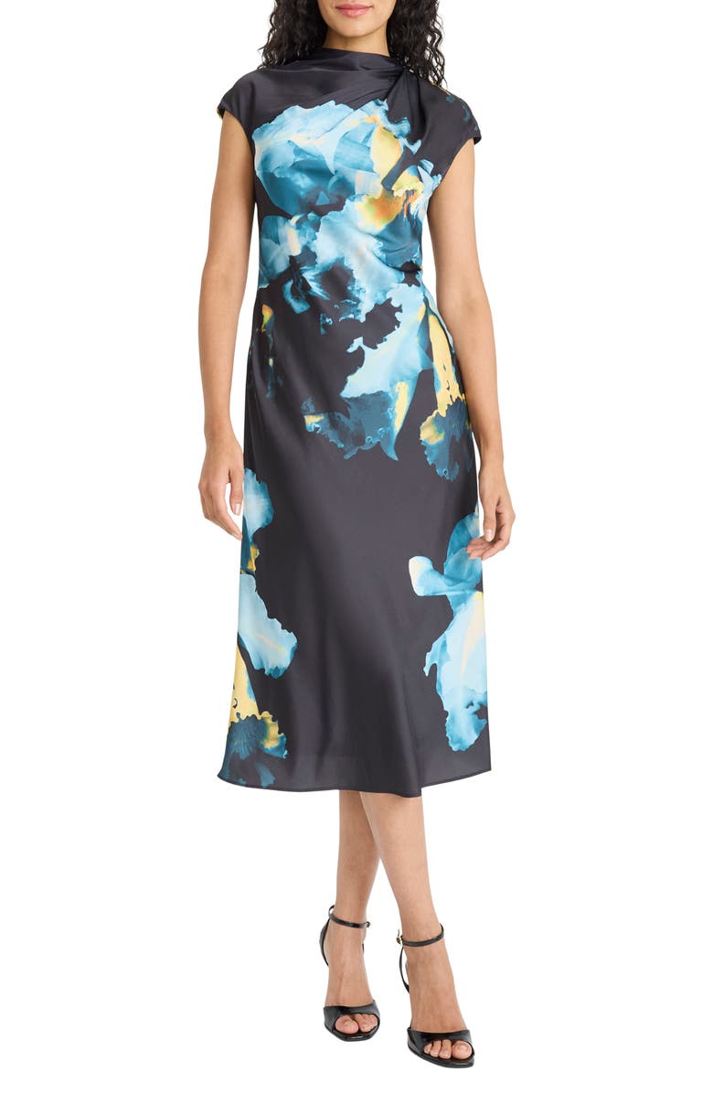 Maggy London Print Satin Cocktail Dress, Main, color, Black/ Teal