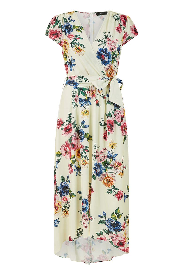 Floral Print Dip Hem Wrap Dress, Alternate, color, Ivory