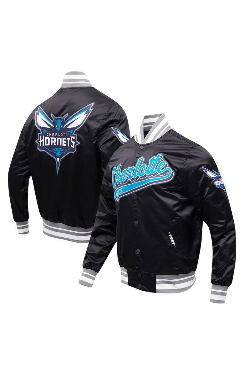 PRO STANDARD Men's Pro Standard Black Charlotte Hornets Script Tail Full-Snap Satin Varsity Jacket, Main, color, 