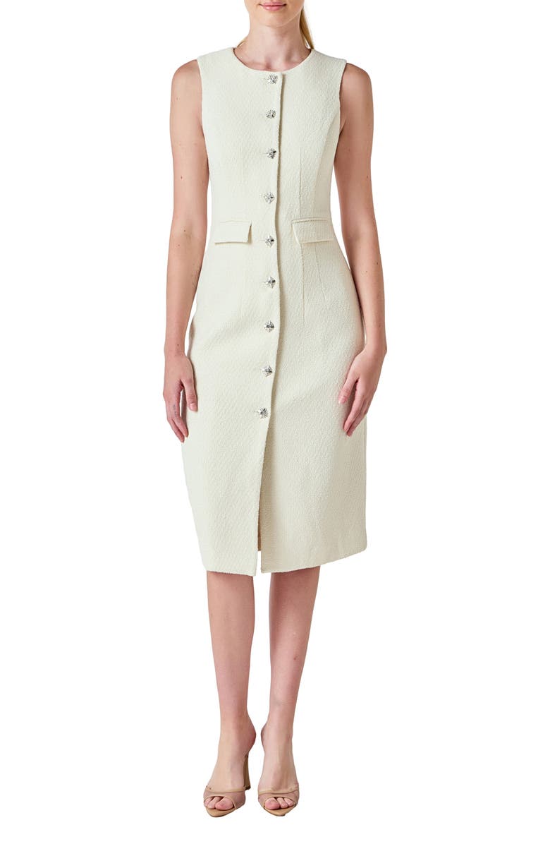 Endless Rose Sleeveless Tweed Midi Dress, Main, color, Cream