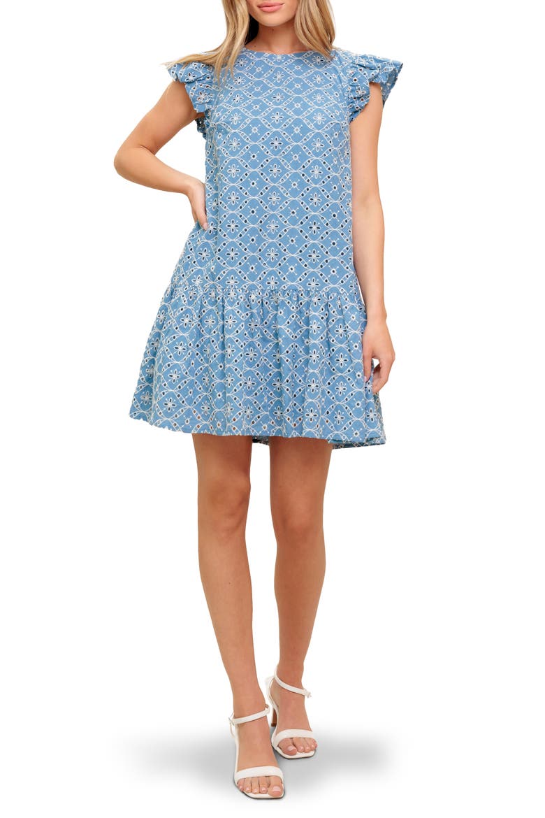 Embroidered Eyelet Cap Sleeve Drop Waist Dress, Main, color, BLUE/ IVORY