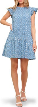 FLYING TOMATO Embroidered Eyelet Cap Sleeve Drop Waist Dress