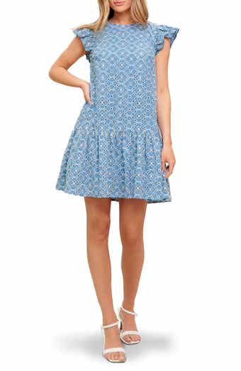 FLYING TOMATO Embroidered Eyelet Cap Sleeve Drop Waist Dress