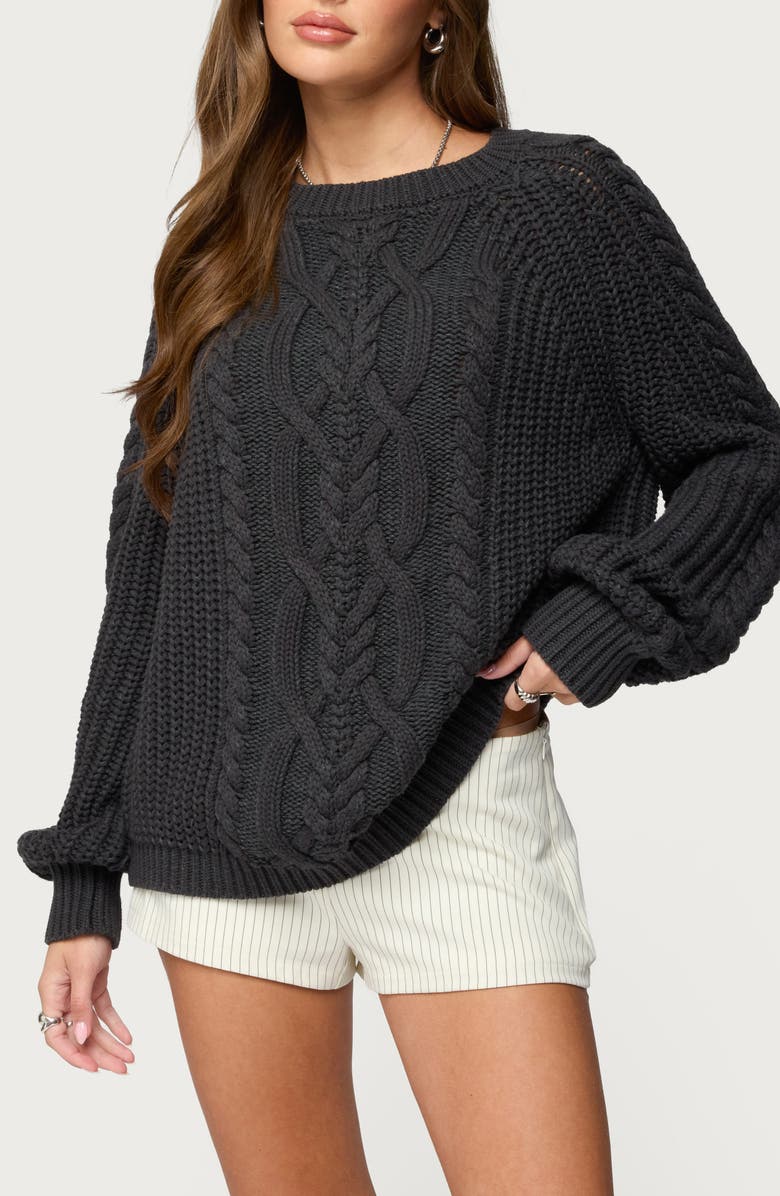 EDIKTED Lira Chunky Cable Stitch Sweater, Main, color, Dark-Gray-Melange