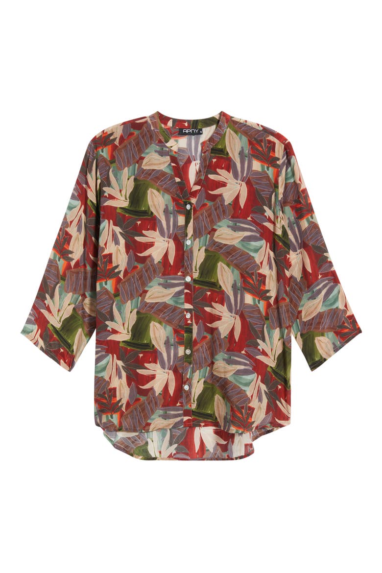 Mandarin Collar Button-Up Shirt, Alternate, color, CRIMSON/FOREST MUL
