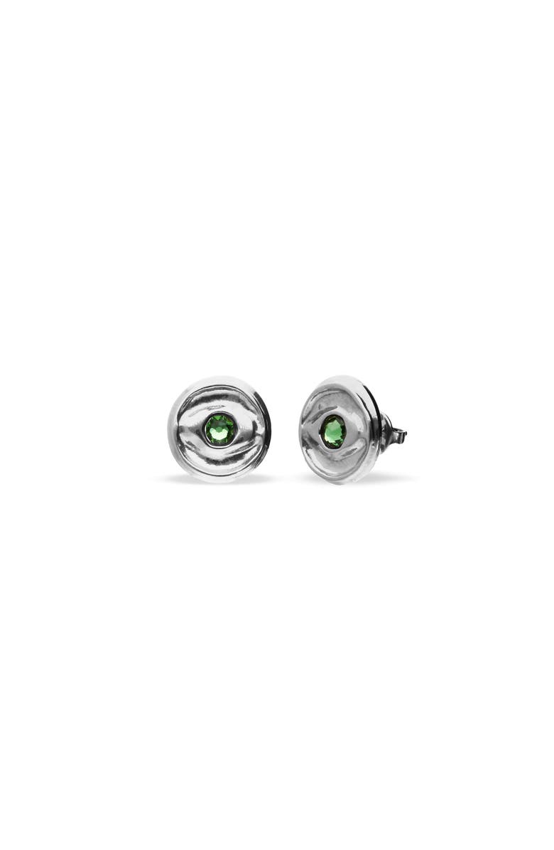 UNODE50 Silver plated button earrings with green faceted crystal, Main, color, Silver