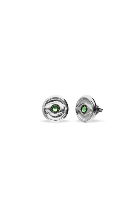 Silver plated button earrings with green faceted crystal