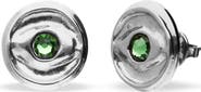 UNODE50 Silver plated button earrings with green faceted crystal
