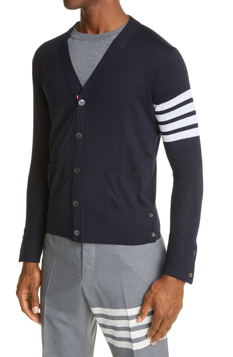 Thom Browne 4-Bar Merino Wool Cardigan, Alternate, color, Navy