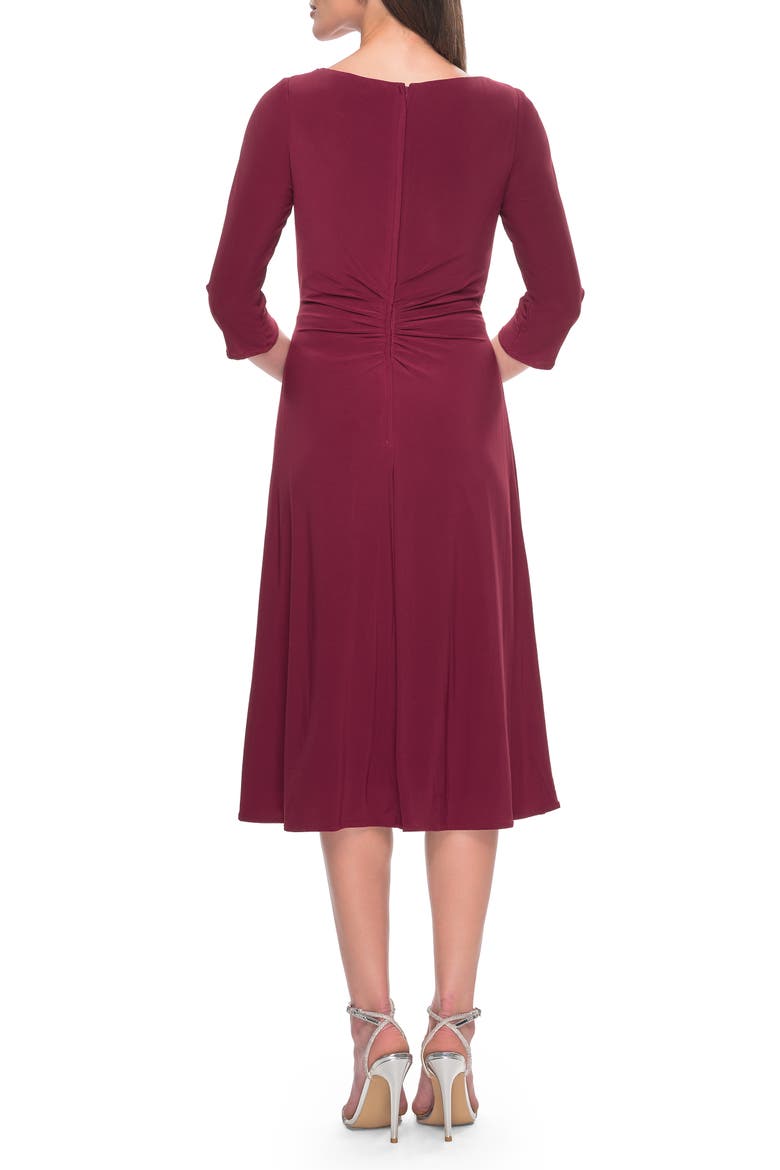 Chic Tea Length Jersey Dress with Ruching, Alternate, color, Wine